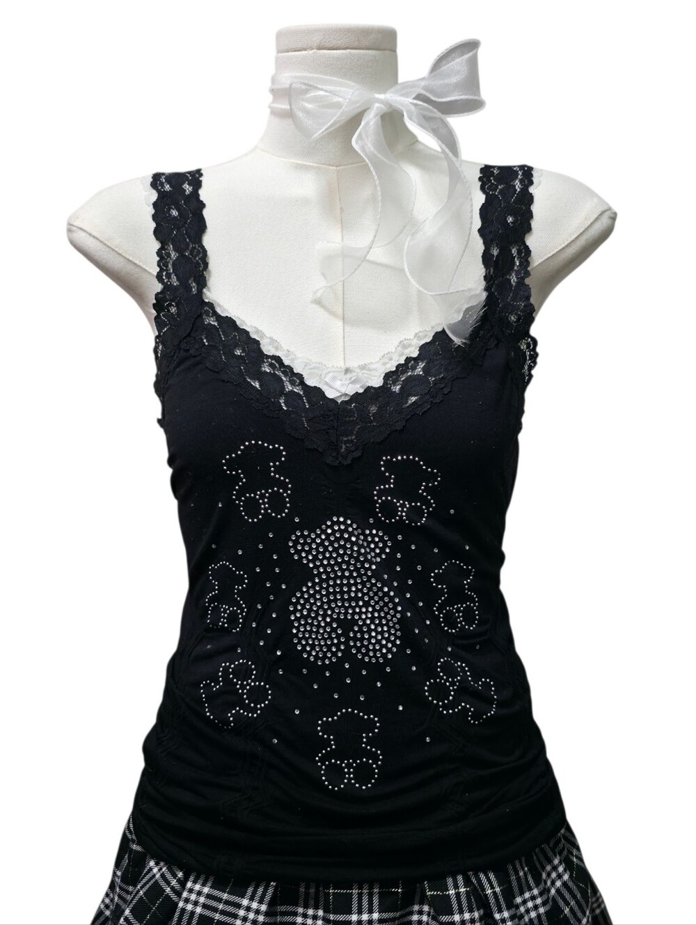 Y2K U.S.A teddy bear bedazzled stretchy lace top